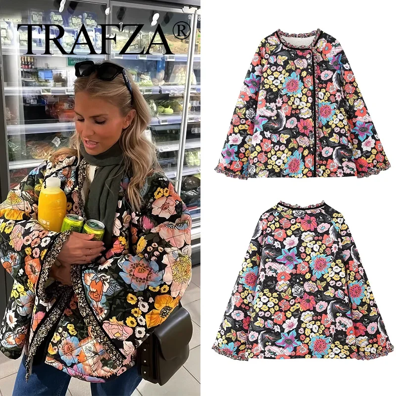 TRAFZA 2024 Women\'s Cotton Coat Floral Pattern Loose Jackets Woman Winter Chic Tops Black Ruffles Sleeve Warm Clothes Street