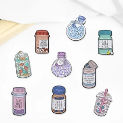 Creative Cartoon English Medicine Bottle Oil Drop Lapel Brooch Badge Pin Denim Bag Gift Men Women Fashion Jewelry Accessories