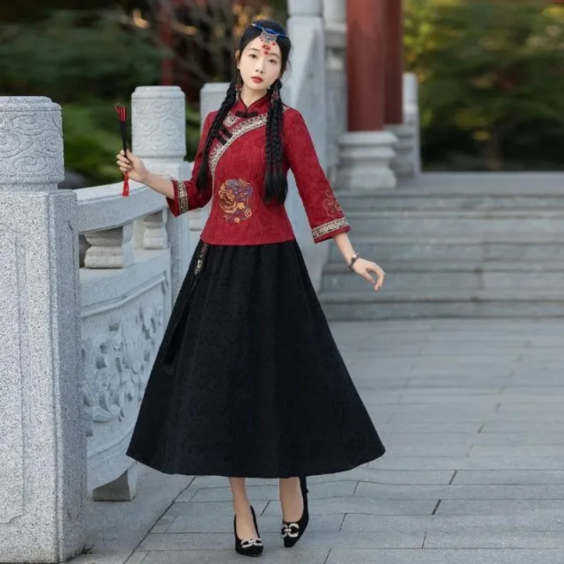 Women Traditional Hanfu Dress Girl Red Peony Embroidered Mid Sleeve Top Black Jacquard Skirt Hanfu Suit Ancient Chinese Costume