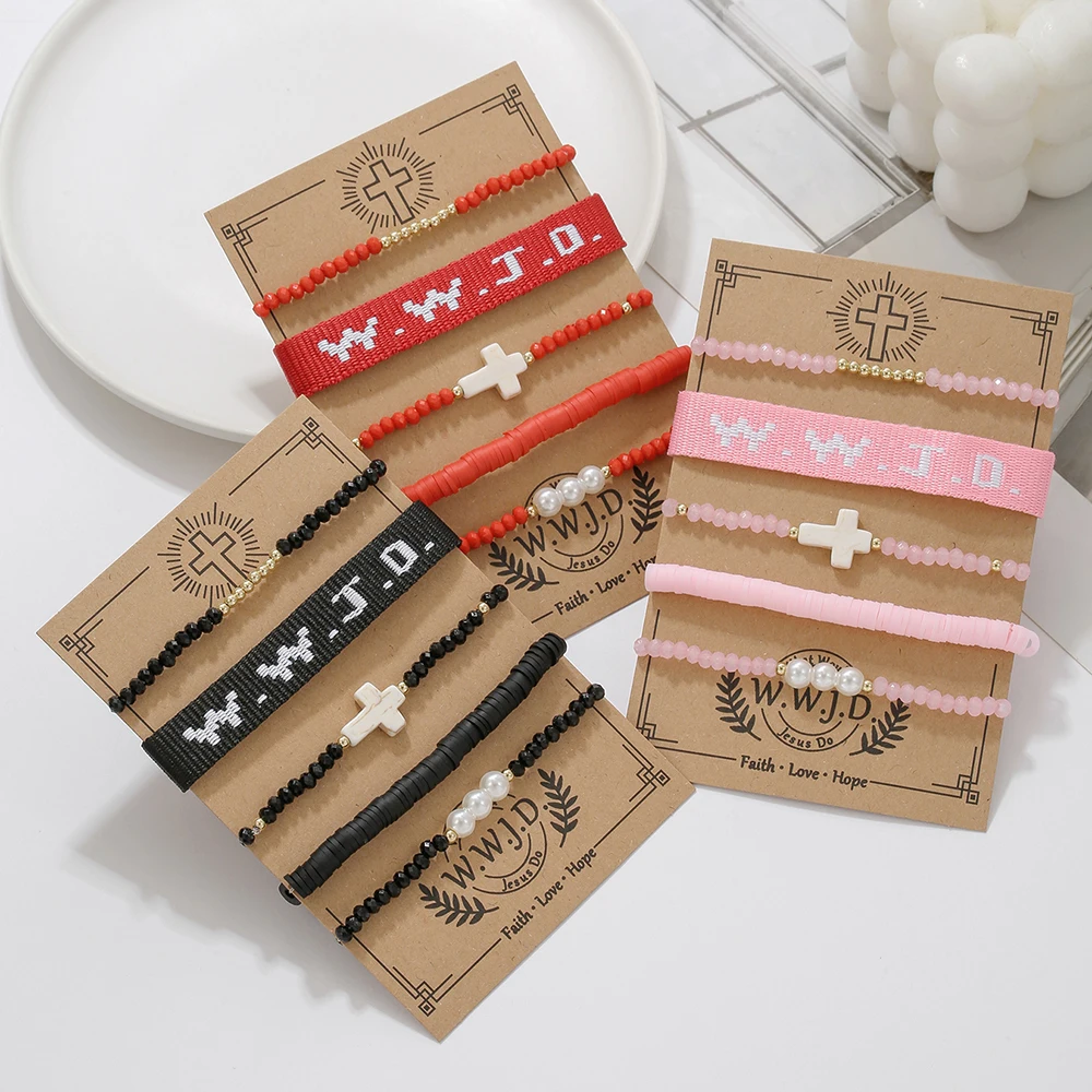 

Pink Black Red 5-Piece WWJD Bracelet Women's Fashion Personality Cross Imitation Pearl Beaded Elastic Bracelet Sets Jewelry