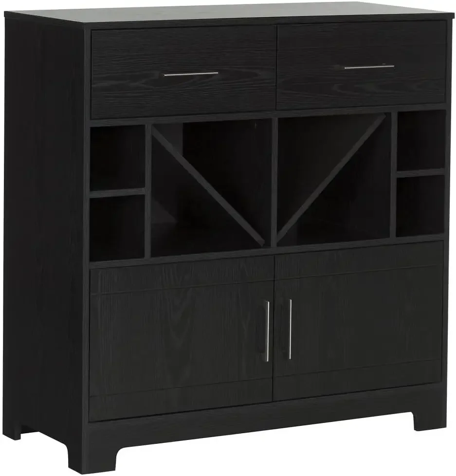 Vietti Bar Cabinet With Liquor And Wine Bottle Storage With Drawers Black Oak With Metal Handles 17\