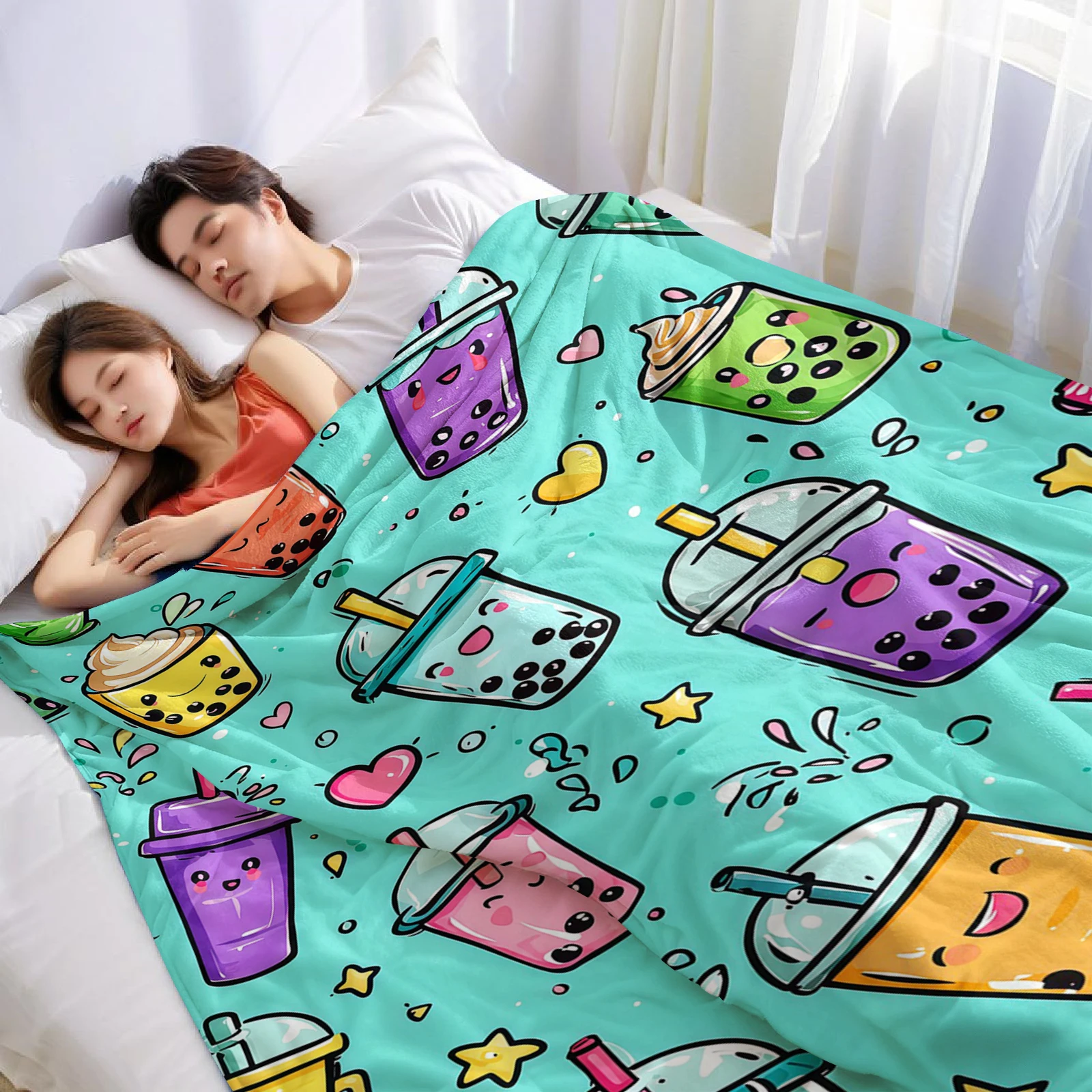 Bubble Tea Cartoon Lightweight Microfiber Soft Christmas Fleece Blanket Warm Cozy Throw for Bed Sofa Office Travel All Season