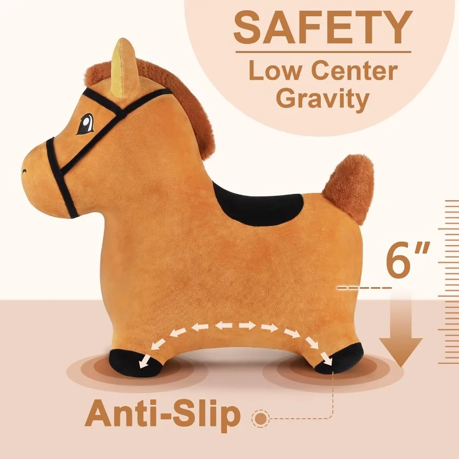 لعبة iPlay iLearn Bouncy Pals Brown Hopping Horse للأطفال الصغار من القطيفة على شكل حيوانات مع نطاط قابل للنفخ ومضخة مدمجة #5