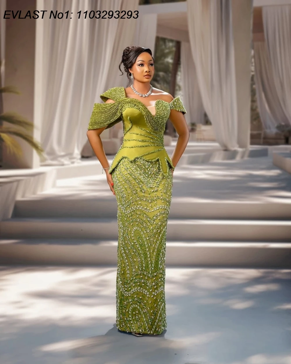 EVLAST Customized Sexy Green Sequin Crystals Mermaid Prom Dress Aso Ebi Long Women Wedding Party Gala Dress Evening Gown FP88 view 3