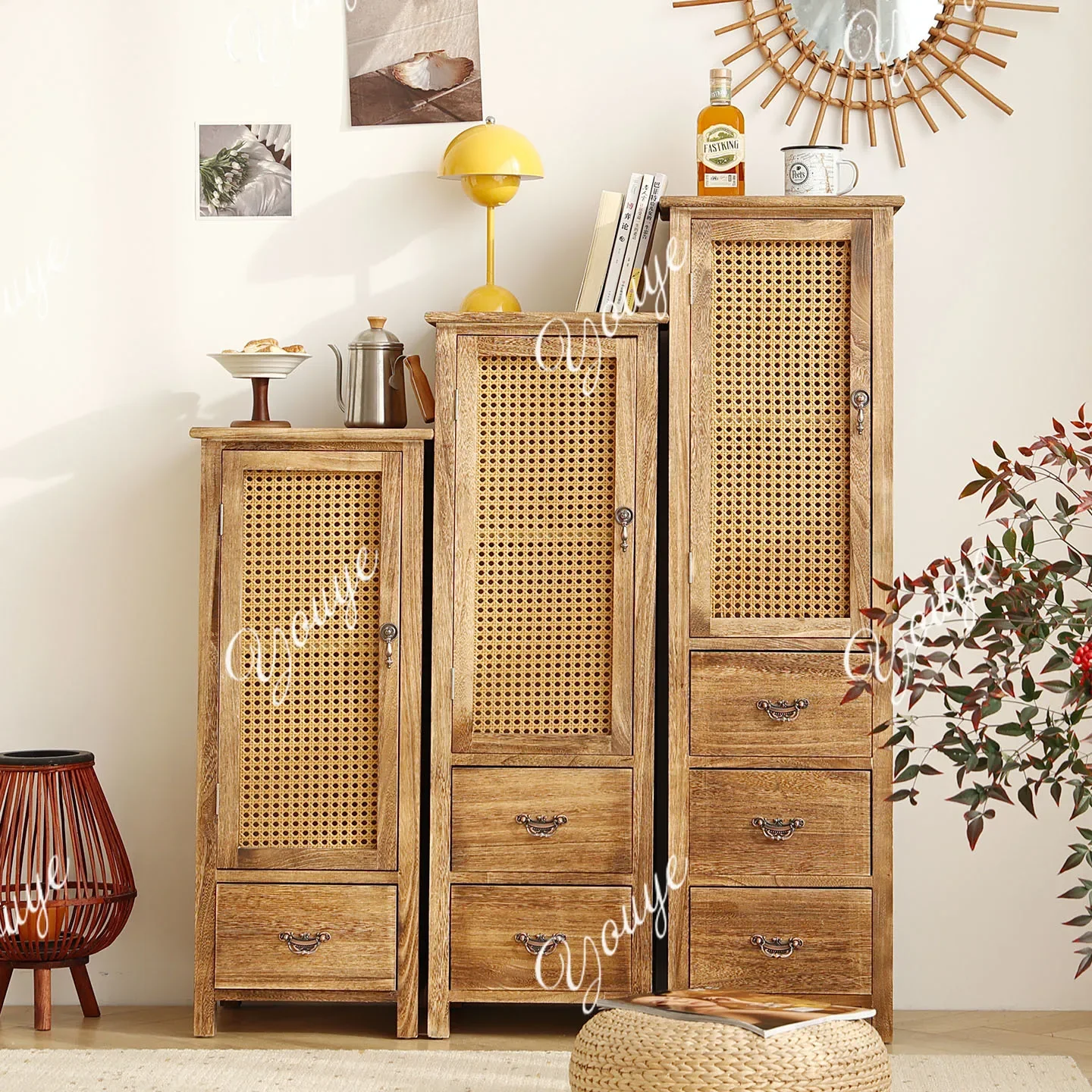 

J Pastoral Rattan Chest Cabinet With Door Against The Wall, Narrow Cabinet, Locker, Living Room Seam Stand Small Apartment Sofa