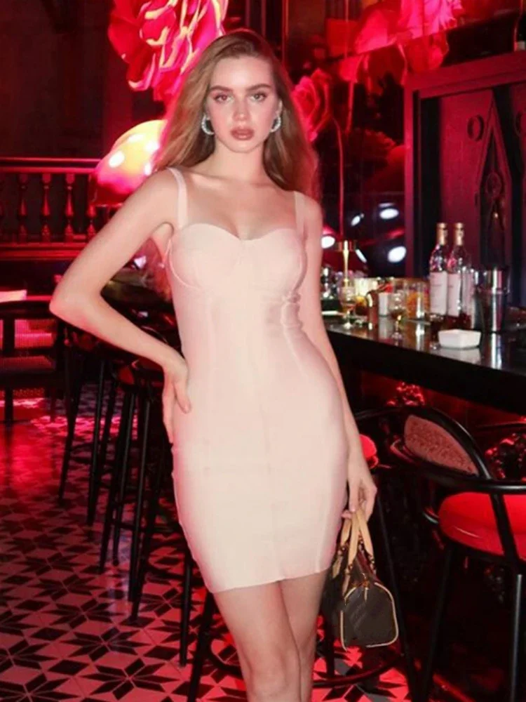 

Sexy Spaghetti Strap Sleeveless Mini Bandage Dresses for Women Beige Striped V Neck Bodycon Elegant Celebrity Party Dress Club