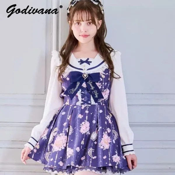 

Japanese Mine Liz Dress Sets 2025 New Autumn Women's Sailor Collar Cute Bow Long Sleeve Printed Dress and Shorts 2 Piece Suit