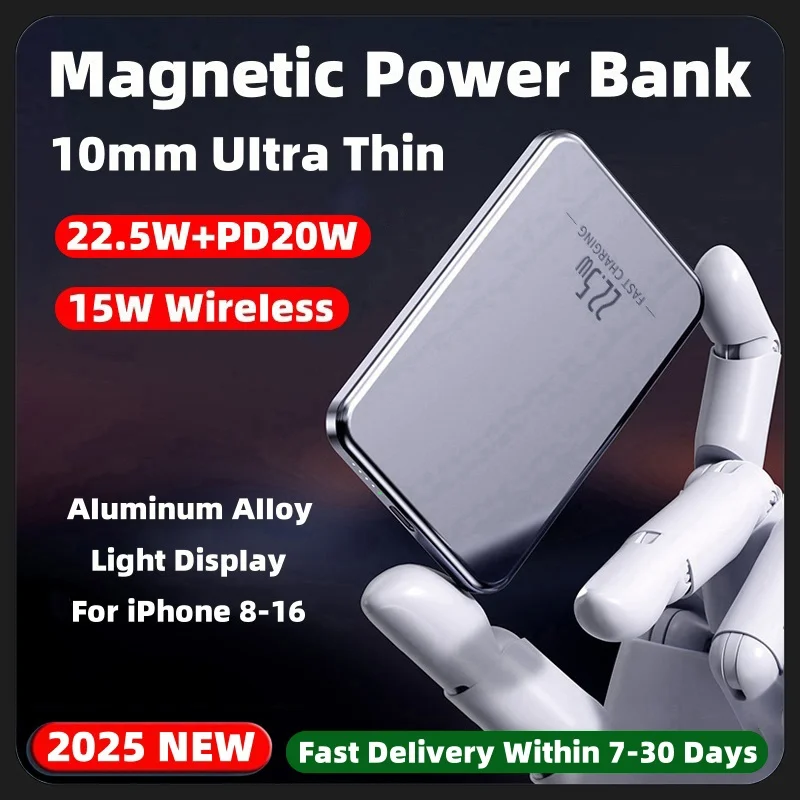 

10000mAh Ultra Thin Magnetic Wireless Power Bank 22.5W Fast Charger Alloy Powerbank Backup Battery For iPhone 16 15 14 13 12 11