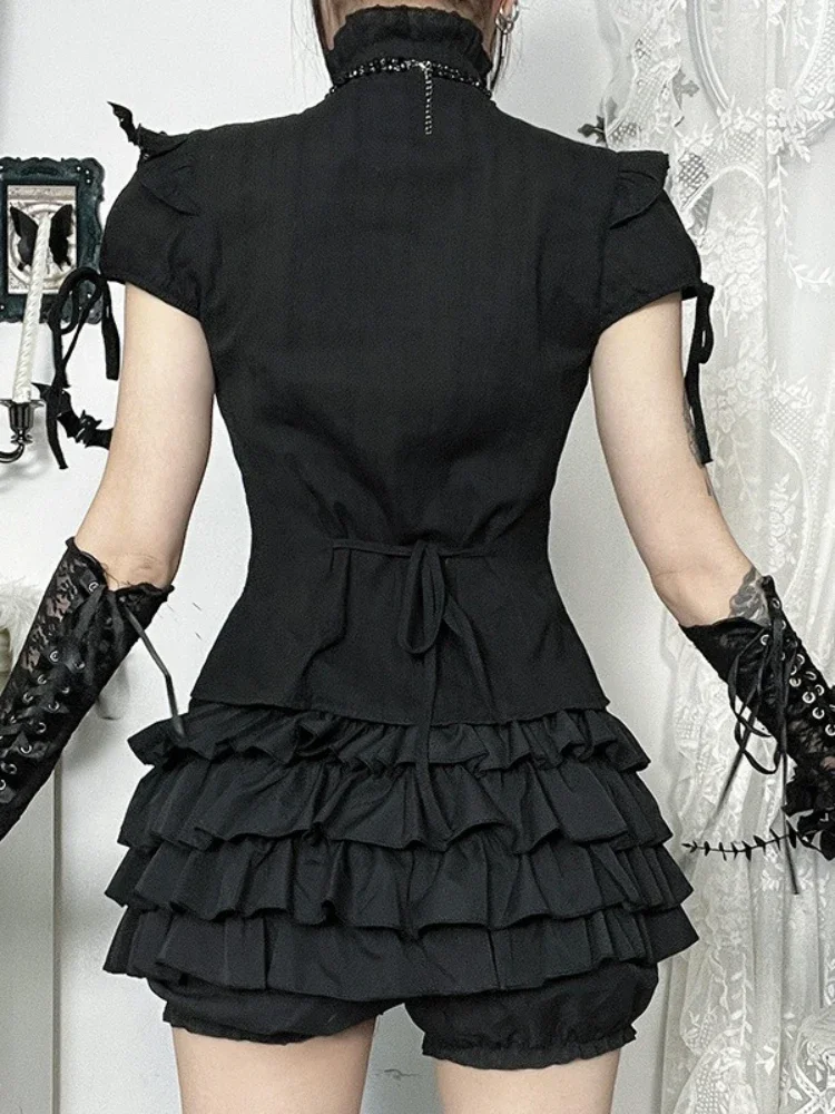 2025 Nieuwe Vintage Gothic Shirt Vrouwen Esthetische Fairycore Y2K Grunge Donkere Eetbare Boom Schimmel Patchwork Korte Mouw Blouse Vrouwelijke