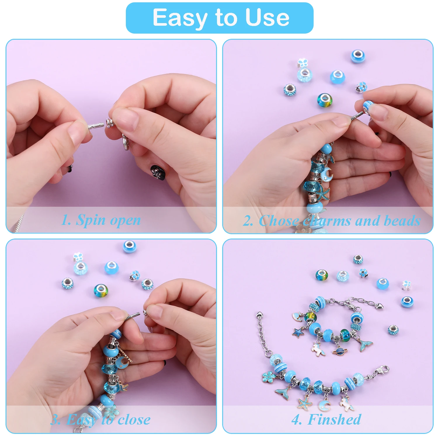 68Pcs Blue DIY Beadeds Charms Bracelet Making Kit Bracelet Necklace Making Gift Box Unicorn & Mermaid Series Charms Gifts Set view 3