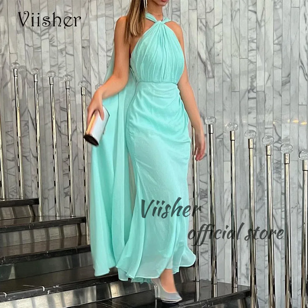 

Viisher Aqua Chiffon Halter Prom Dresses for Women Arabic Dubai Outfits Formal Evening Party Gowns Ankle Length Prom Gowns