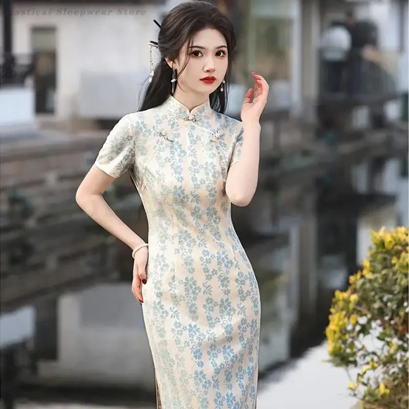 

Women's Satin Gentle Elegant Cheongsam Traditional Chinese Dress Mujer Vestido Print Flower Evening Party Qipao Vestidos