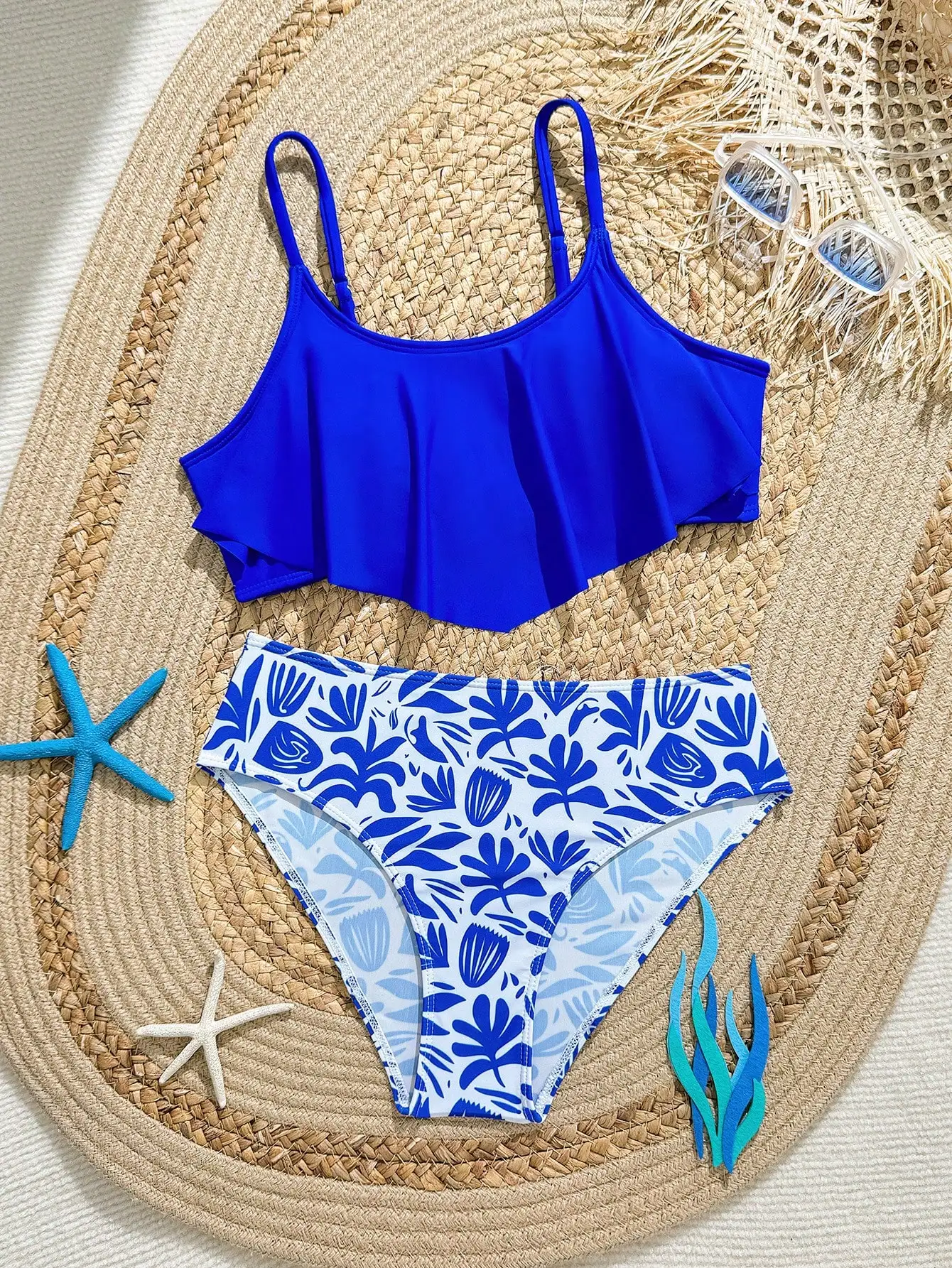 

Women Blue Floral Tankini 2-Piece Swimsuit Set For Beach Vacation Pool