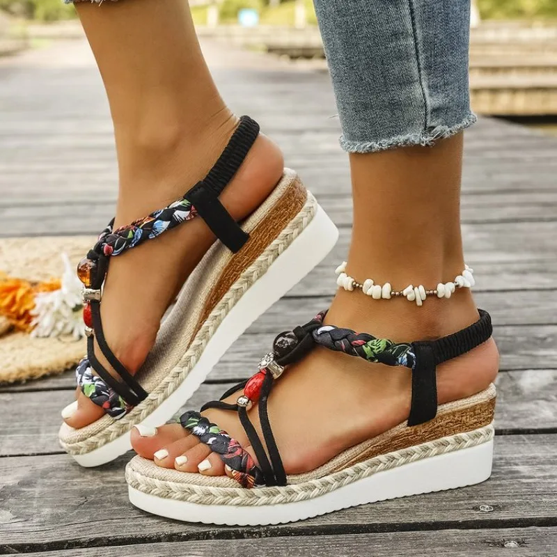 Modische T-Riemen-Plateau-Sandalen für Damen, neue Mischfarben, elastisches Band, Keilsandalen, Damen-Sommer-Sandalen mit offenem Zehenbereich, Sandalias für Frauen – Detail 3