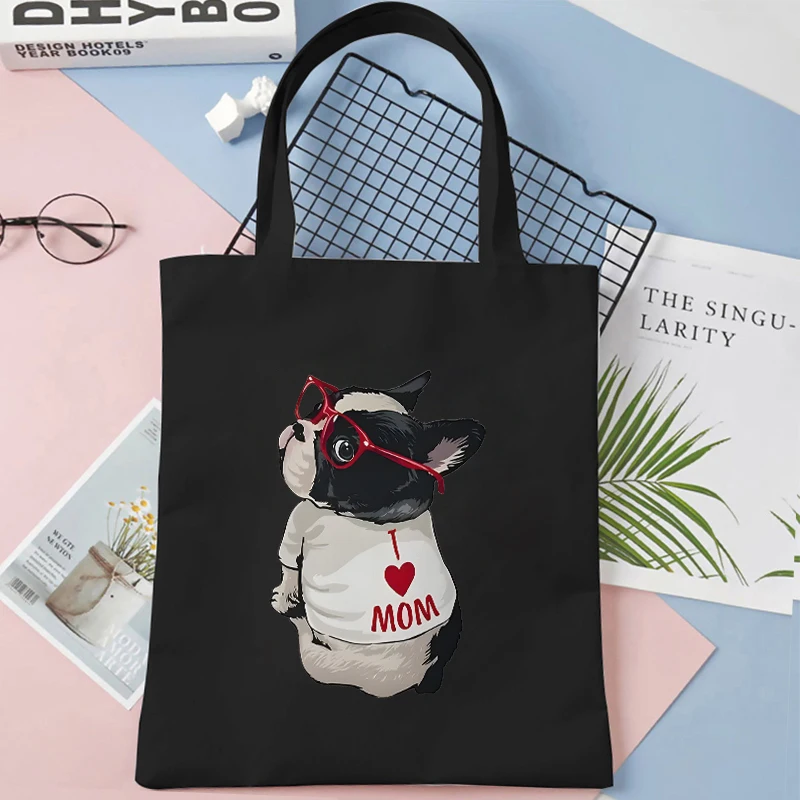 Women Canvas Tote Bags I Love Mom Dog Print Graphic Shoulder Bag Reusable Shopper Shopping Bag Fashion Lady Portable Handbags