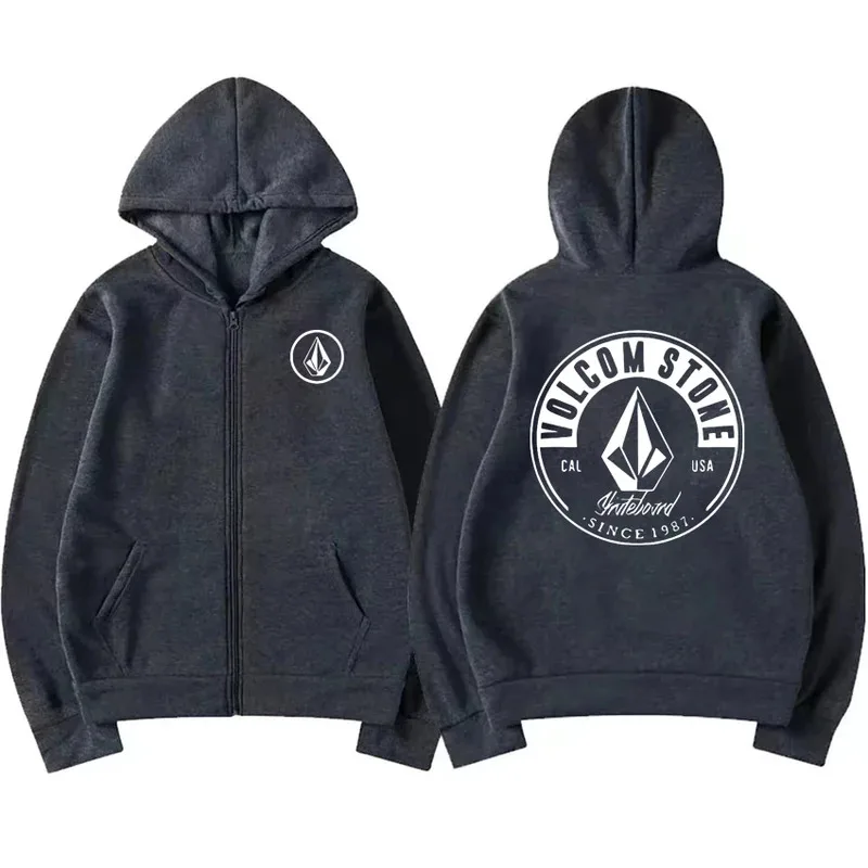 New Fashion Y2K Men's Zipper Sweatshirt Volcom Stone Graphics Double sided Printed Wool Jacket Coat Unisex Clothing