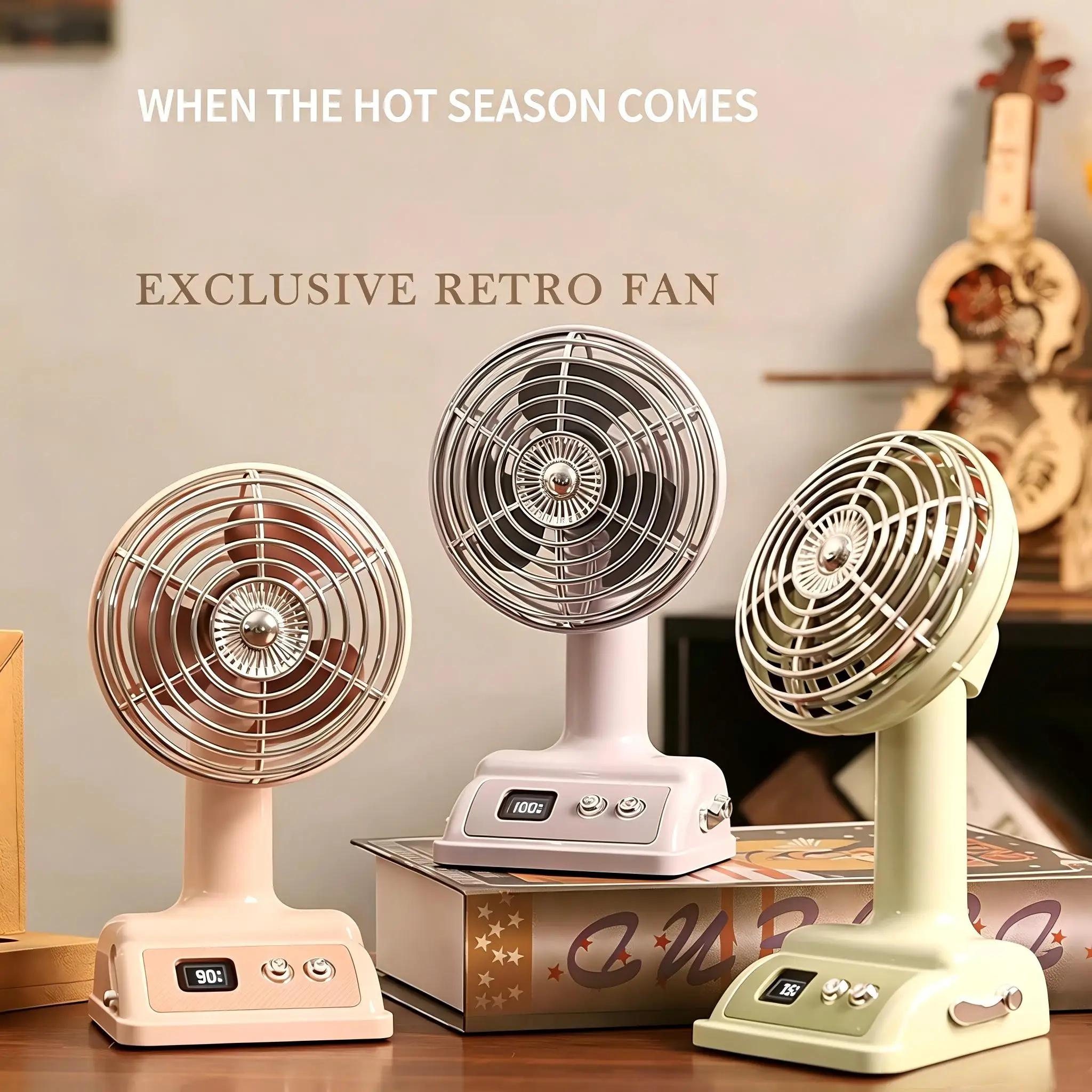 Retro Nostalgic Classic Desktop Office Fan 100 Speed Levels Adjustable Student Dormitory Rechargeable Fan