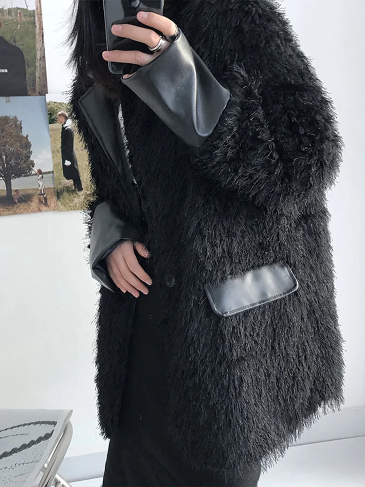 [EAM] Loose Fit Black Tassels Big Size Thick Jacket New Lapel Long Sleeve Women Coat Fashion Tide Spring Autumn 2024 1DF1482