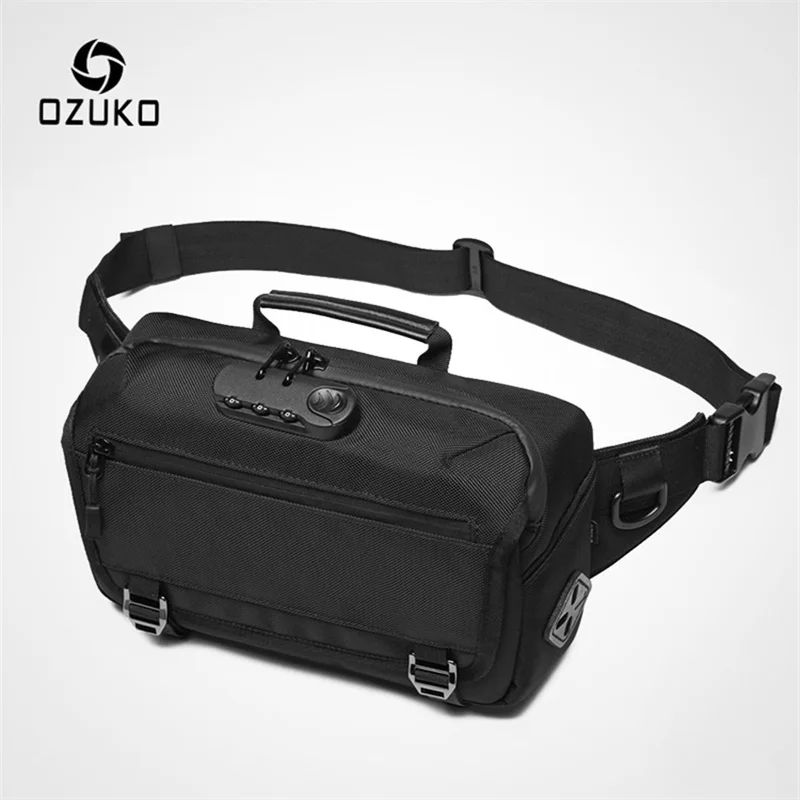 Ozuko bolsa de cintura masculina casual fanny pacote masculino à prova dwaterproof água sacos de cintura de viagem carregamento usb saco de peito para telefone celular