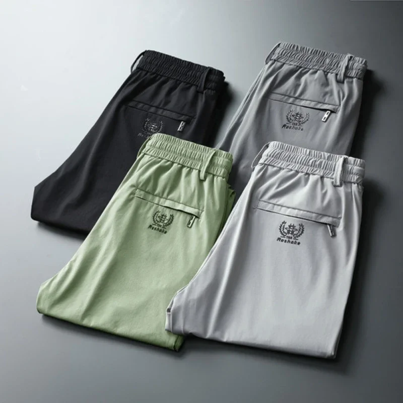 سراويل رجالية غير رسمية مستقيمة بقصة ضيقة وخصر مرن للركض كورية كلاسيكية صيفية رفيعة من الحرير الجليدي أسود ورمادي سراويل ماركة للرجال #3