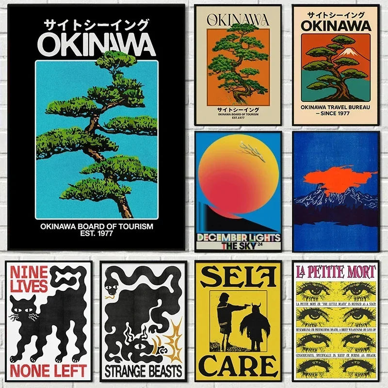 Affiche sur toile de voyage abstraite de la préfecture d'Okinawa au Japon, Bauhaus, géométrique, chat et serpent, art mural animal, impressions, décoration moderne pour la maison