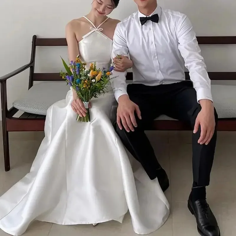 Новейшее свадебное платье трапециевидной формы, элегантное вечернее платье без рукавов длиной до пола, милый бант, Холтер, простые свадебные платья с пятнами