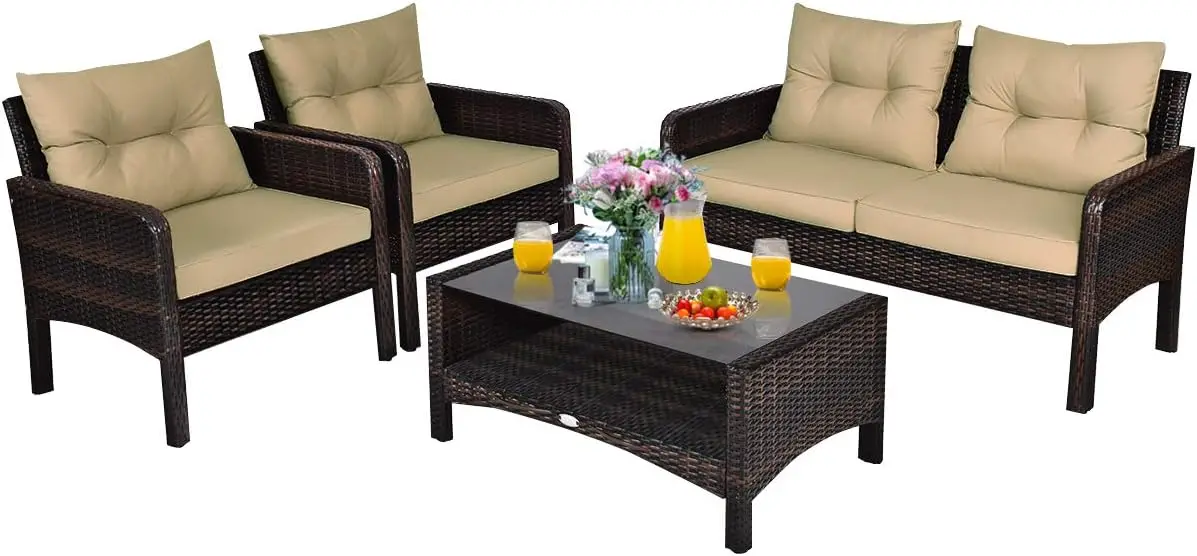 

4-Piece Outdoor Wicker Conversation Set with Glass Table, All-Weather Cushions for Porch, Garden, Poolside