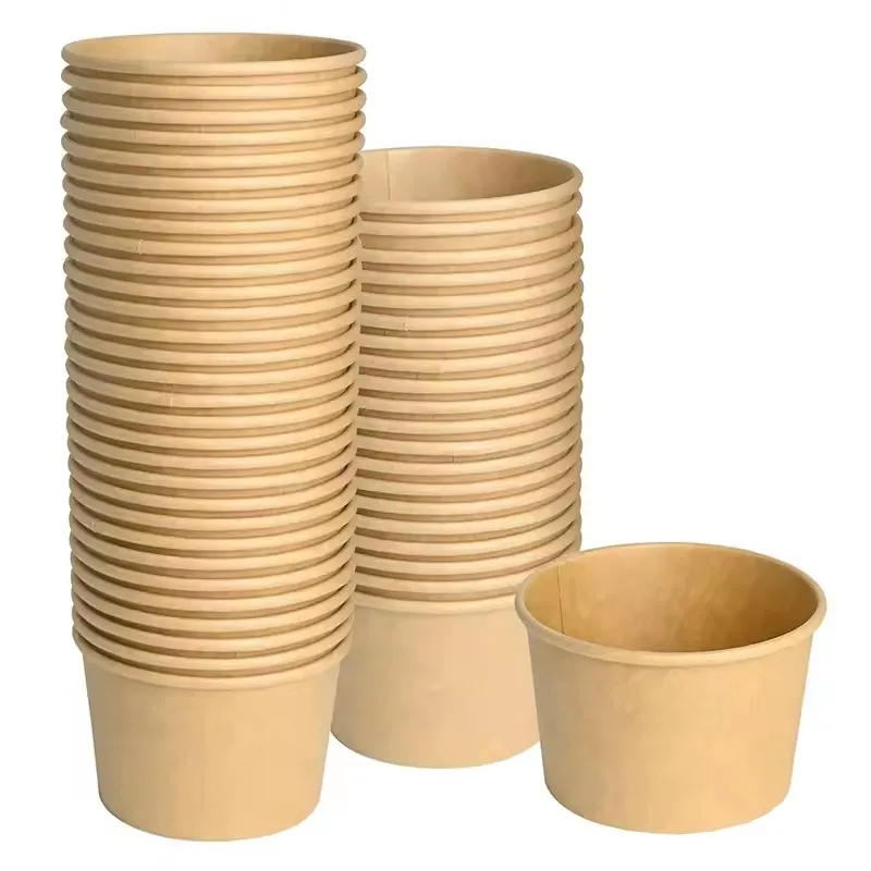 10pcs 8/12oz Soup Cups Paper Containers Kraft Food Disposable Go To Bowls Ice Cream Cup Lids Kitchen Supplies