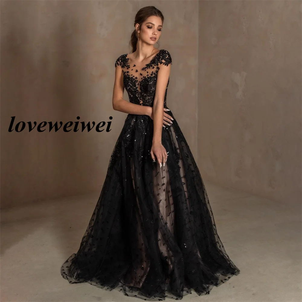 Vestido de fiesta de lentejuelas negras, manga larga, vestidos de celebridades, cuello redondo, vestido de noche, una línea, largo hasta el suelo,