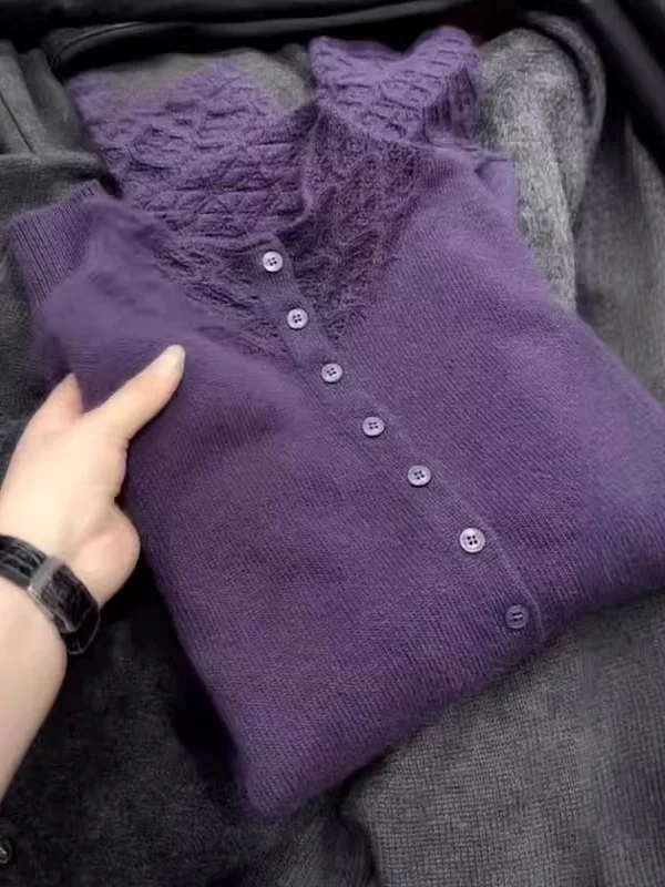 

Фиолетовый вязаный кардиган свободного кроя для женщин больших размеров, осенне-зимний свитер с высоким воротником, повседневный, в корейском стиле...