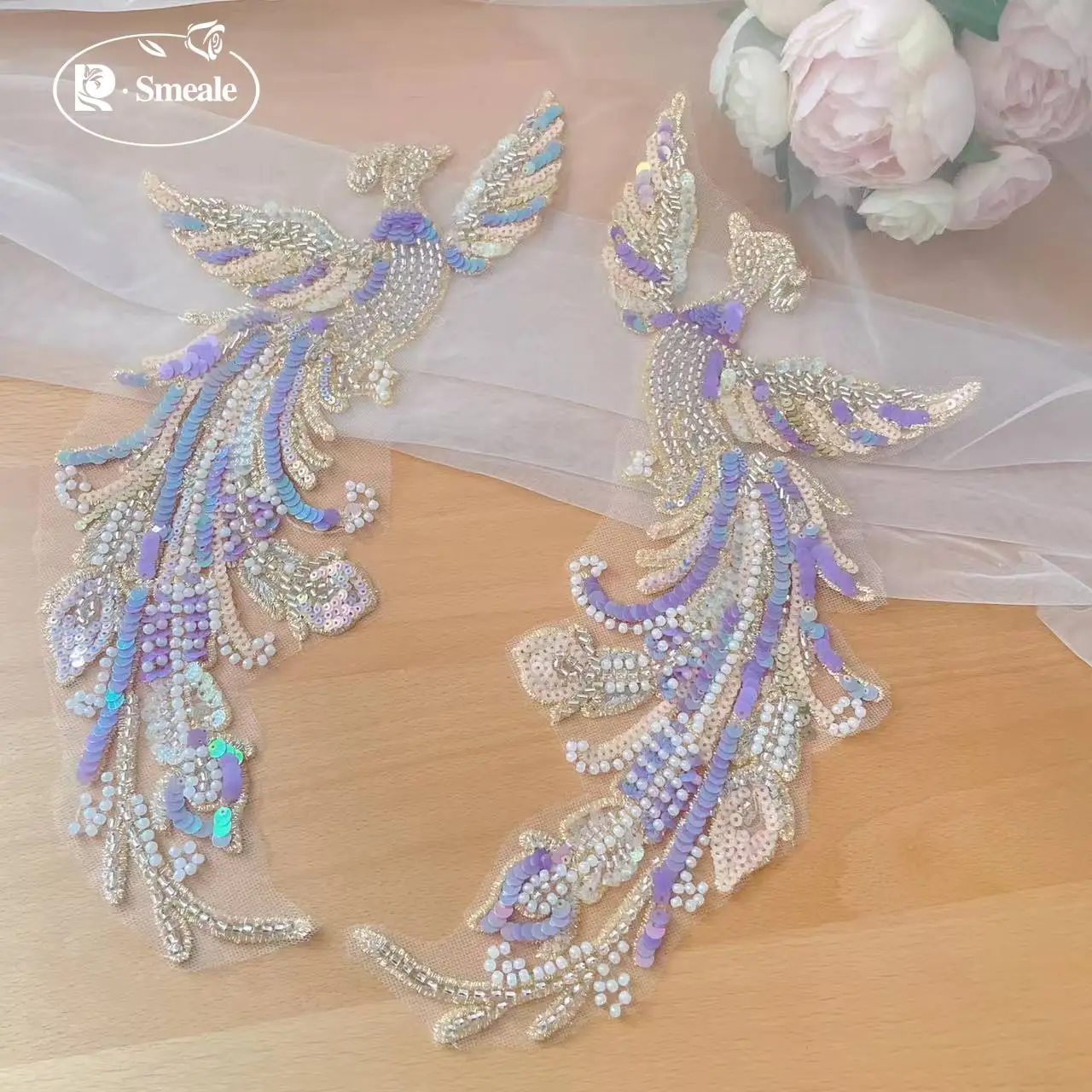 40*18CM.Beaded Sequins Mirror Phoenix Colorful Purple Children's Clothing Decoration, DIY Sewing Accessories. Handmade Jewelry