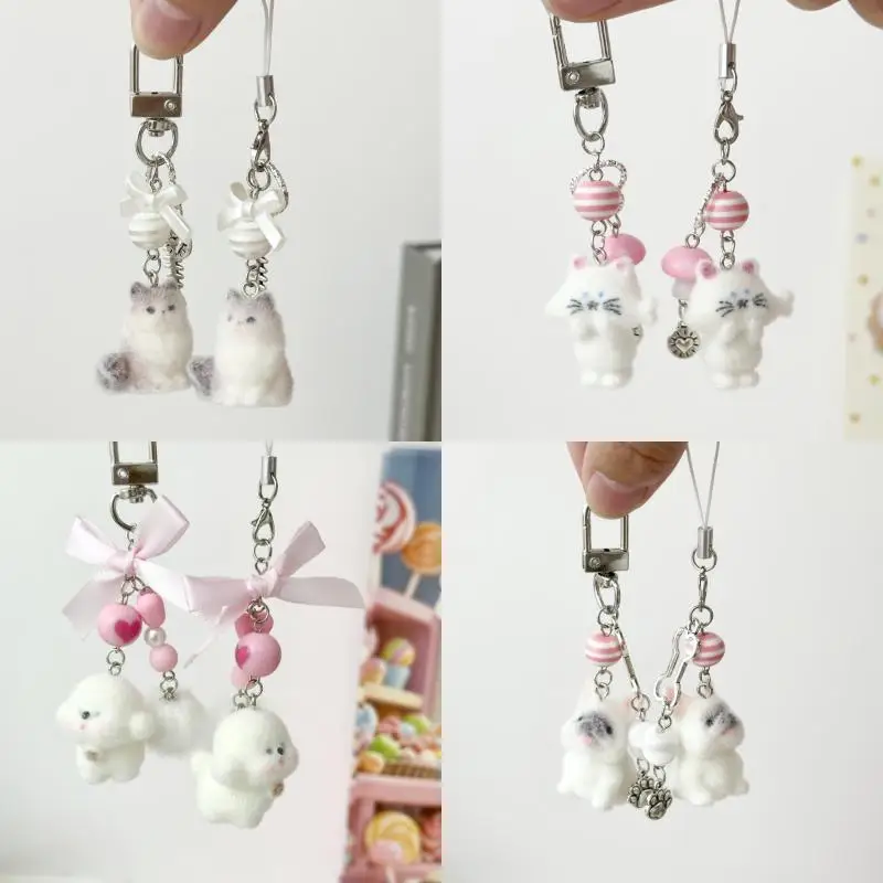 ~**Cartoon Flocking Cats Dogs Pendant Keychain Fashion Key Ring For Women Girls Cute Bag Pendant Kawaii Mobile Phone Chain Gifts