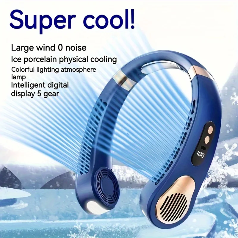 1pc ポータブルネック冷却ファン - 洗練されたブレードレスデザイン、5 スピード強風、TYPE-C 高速充電、バッテリー & ギア LED ディスプレイ、C