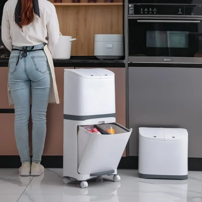 

Kitchen Double-layer Sorting Trash Can Press Type Plastic with Lid Large Trash Bins Household Garbage Bin Square Plastic Bucket