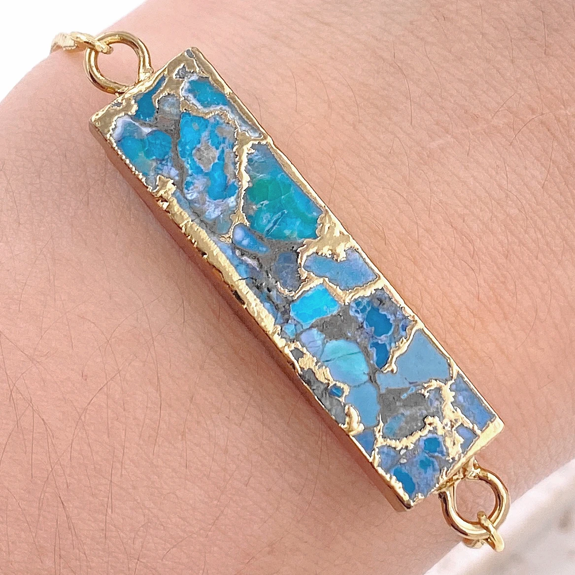 Hot Selling Luxury Exquisite Rectange Blue Green Stone Bracelets Box Chain Hand Jewelry Accessories Gifts For Girls