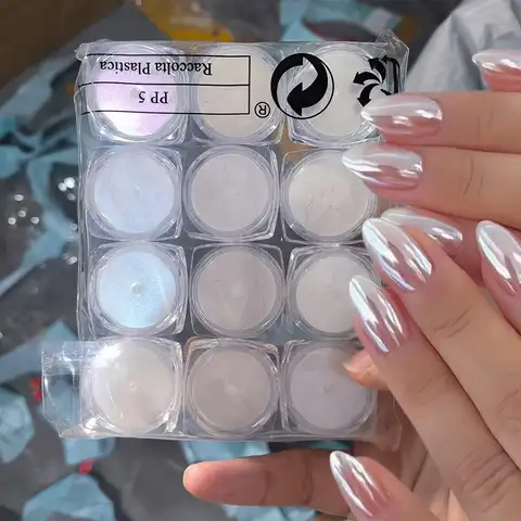 12Pcs/Set Aurora White Nail Mirror Powder 0.3g/Jar Shimmer Moonlight Chrome Pigment Dust for UV Gel Polish Manicure Decorations