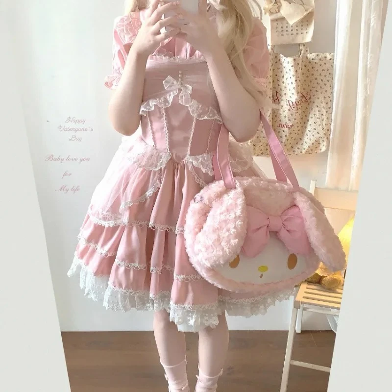 Cintura alta emagrecimento emenda polka dot malha sem mangas vestido de verão doce bonito meninas arco em camadas bolo lolita vestidos curtos