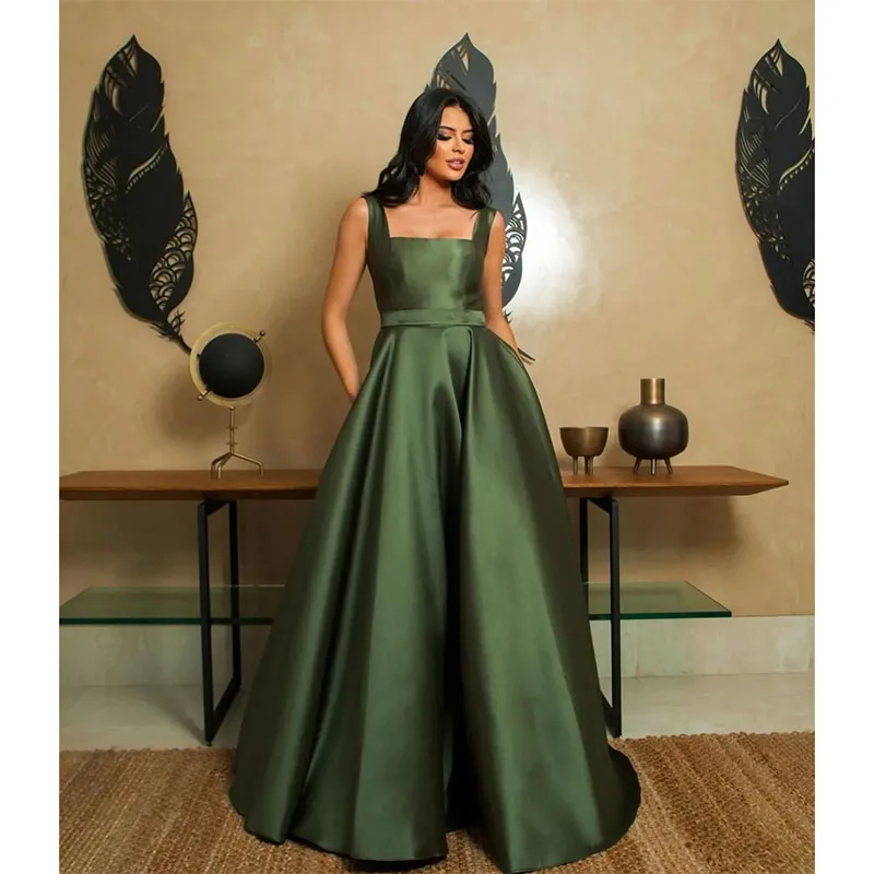 

Classy Long Green Satin Square Neck Prom Dresses A-Line Floor Length Party Dress Maxi Formal Evening Dresses for Women