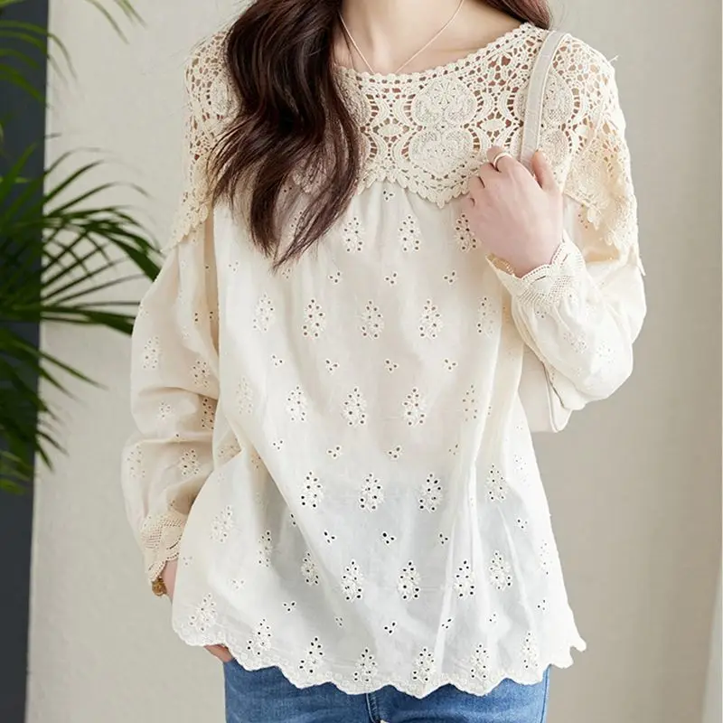 

Women's Shirt NewTop Lace Shirt Women's Long Sleeved Hollowed Out