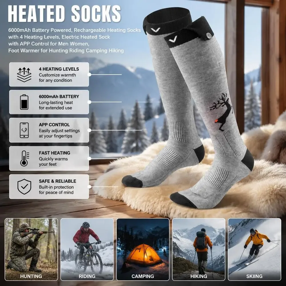 Calcetines térmicos, con batería de 6000 mAh, recargables y con 4 niveles de temperatura, calcetines eléctricos con control mediante aplicación para hombres y mujeres, calentador de pies para cazar, montar a caballo, acampar y hacer senderismo.
