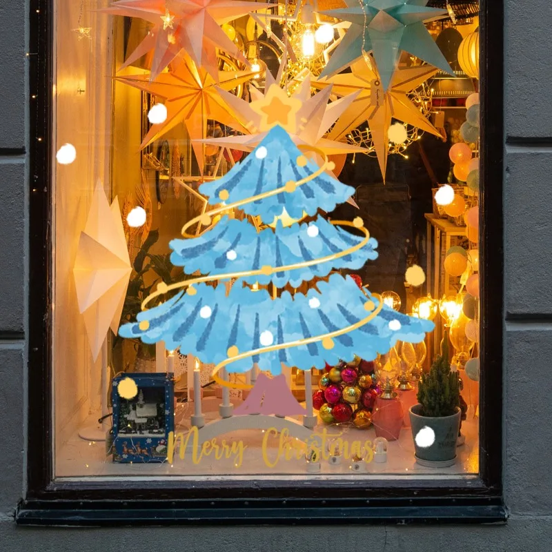 2026 Blue Color Glitter Christmas Tree Window Cling Static Cling Decals for Glass Holiday Window Stickers for Home Office Decor