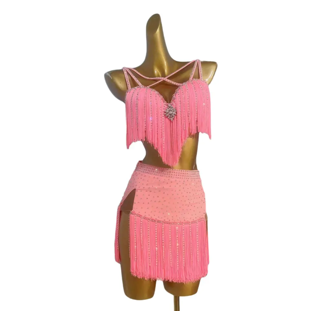 라틴 댄스 의상 라인스톤 여성용 고급 맞춤형 핑크 태슬 스트랩 삼바 댄스 드레스 공연 드레스