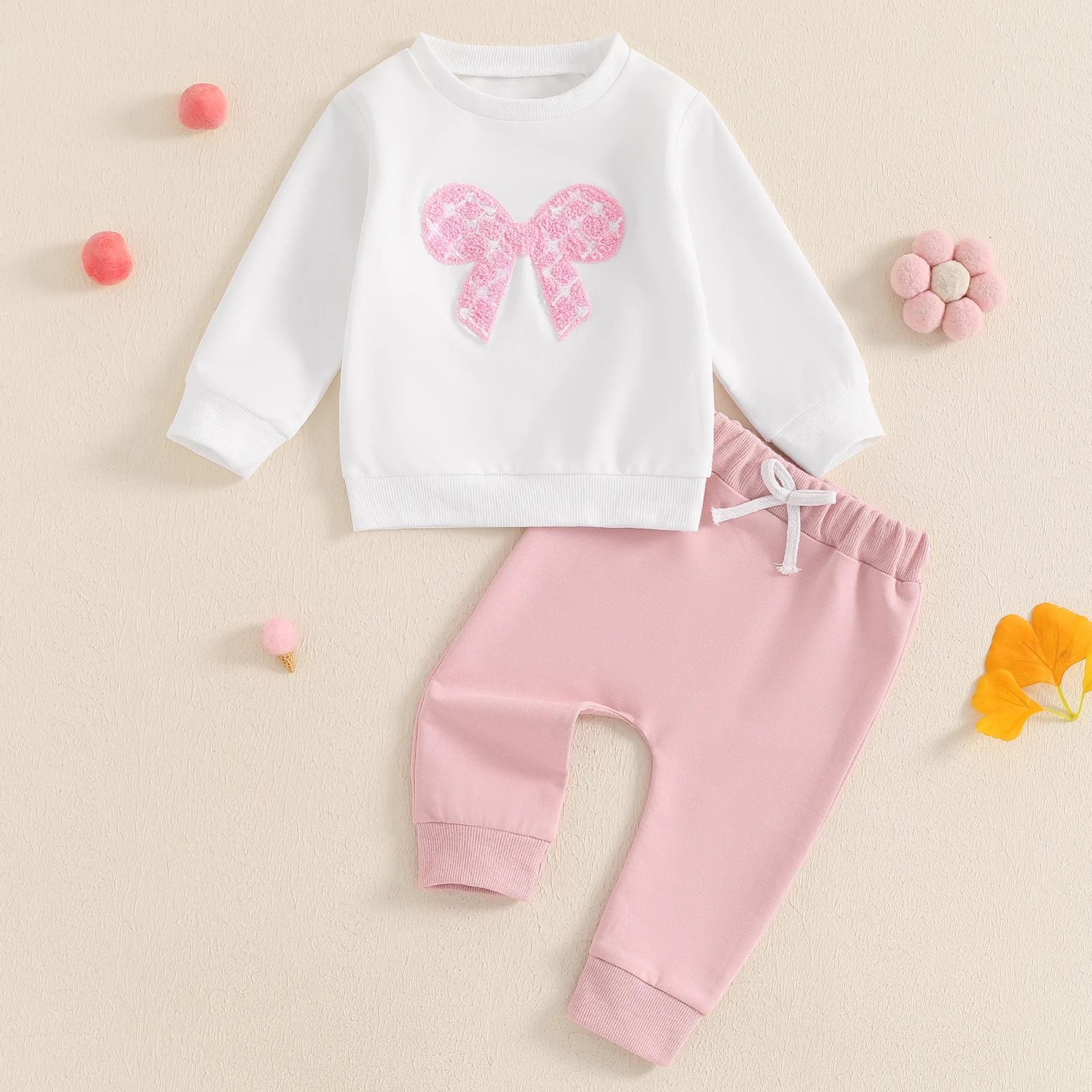 

Tregren Little Girls 2PCS Fall Sets Long Sleeve O Neck Bow Embroidery Tops Drawstring Pants Sets