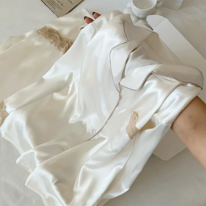 طقم ملابس نوم حريرية ثلجية للربيع والخريف للسيدات فاخر مزين بالدانتيل وأكمام طويلة ملابس منزلية خفيفة الوزن منتج فعلي للتصوير الفوتوغرافي #4