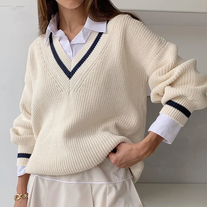 

Pull à col en v pour femmes, coupe ample, Style confortable, manches longues, tricot thermique pour tenue décontracté, à la mode