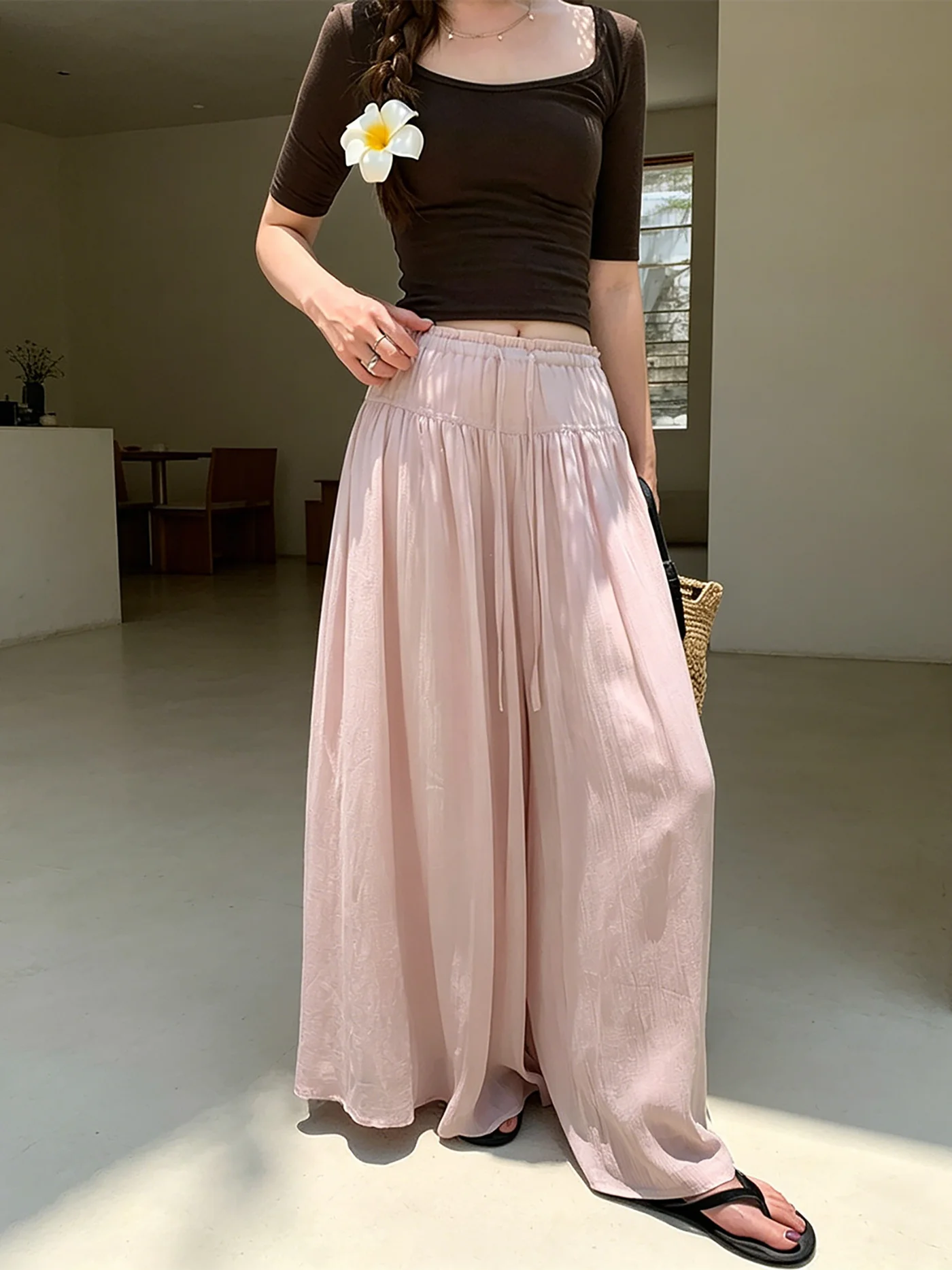 Laid-back Style High Waist Draped Skirt Pants Women's Gored Hem Wide Leg Pants Loose Slimming Casual Trousers