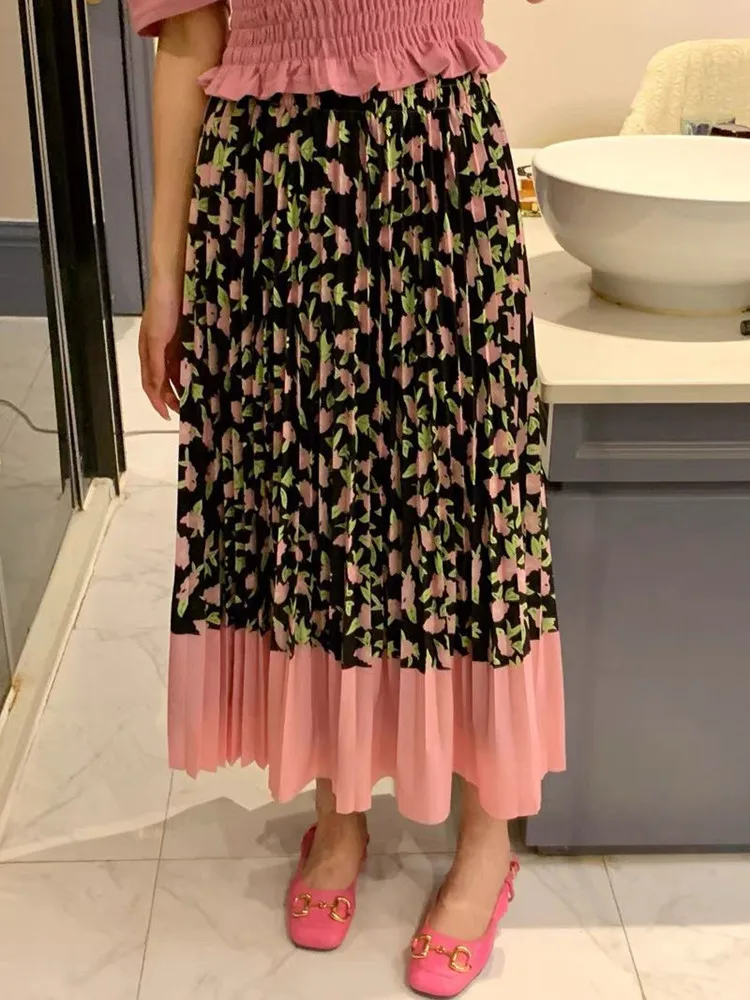 Korean Style Spring Summer Contrasting Printed Pleated Elastic Waist A-line Skirt Plaid Skirt  vintage Pleated Skirt