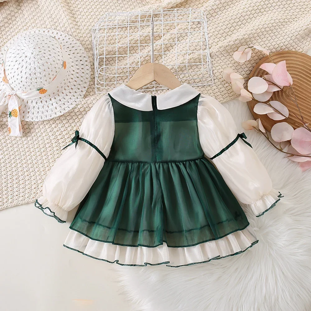 New Girls\' DressFall Doll Collar Lace Bow Ribbon Bubble Sleeve Lace Collar Pastoral Style Embroidery Birthday Party Dress