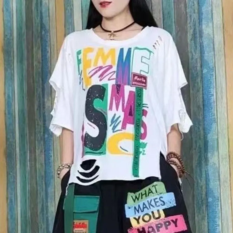 Sports Streetwear Loose Matching Sets Casual Letter Printed Female Clothing Stylish Hole Summer Short Sleeve Basic Short Sets