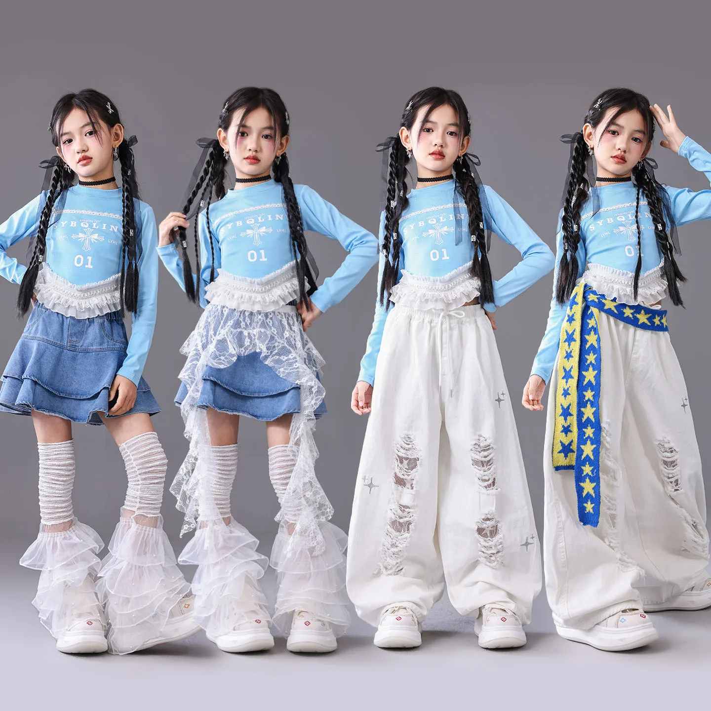 Girls Hip Hop Off Shoulder Long Sleeve Top White Pants Street Dance Skirt Costume Cool K-pop Streetwear Group Jazz Clothes Set